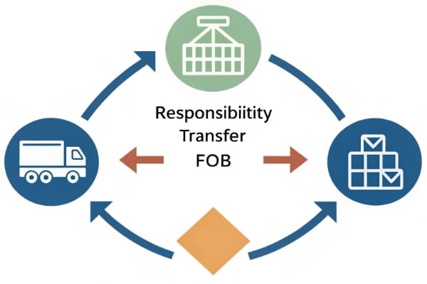 Diagram showing the responsibility transfer points for EXW, FOB, and DDP