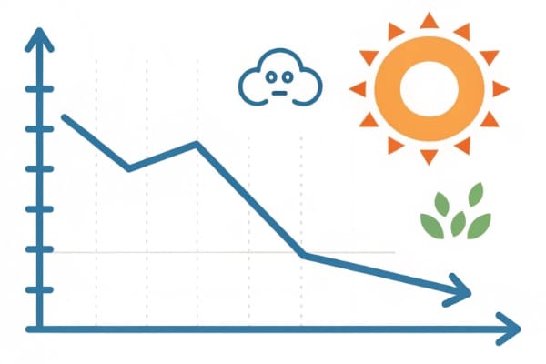 Graph showing a decline in CO2 emissions with an arrow pointing to a sun icon