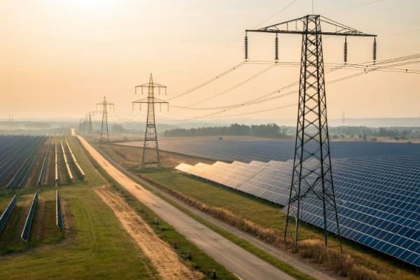 High-voltage transmission lines leaving a solar farm substation