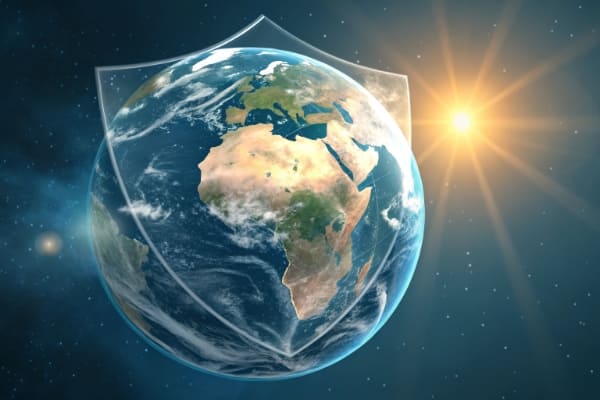 Image of planet Earth with a protective shield powered by the sun