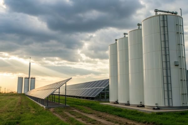 Large battery energy storage containers next to a solar farm