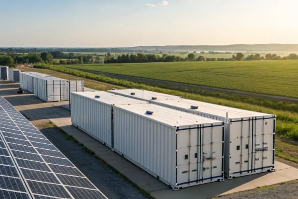 Large battery storage containers at a solar facility