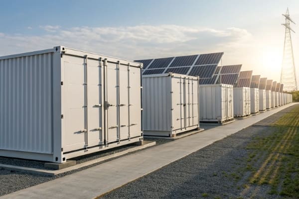 Rows of containerized battery energy storage systems at a solar facility