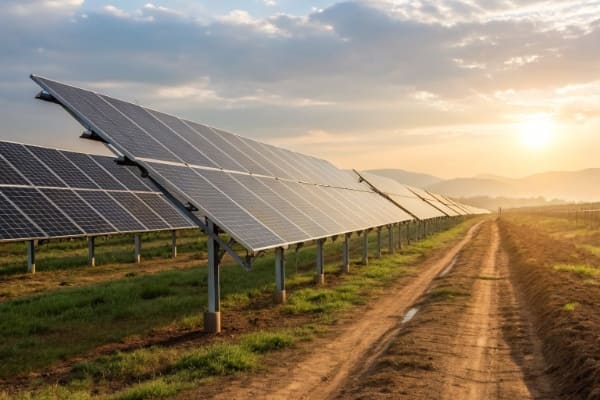 Rows of solar panels mounted on single-axis trackers tilting toward the sun