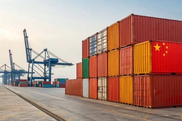 Shipping containers at a port, representing shipping from China to Canada