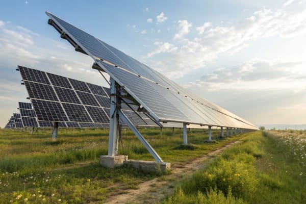 Solar panels mounted on a single-axis tracking system