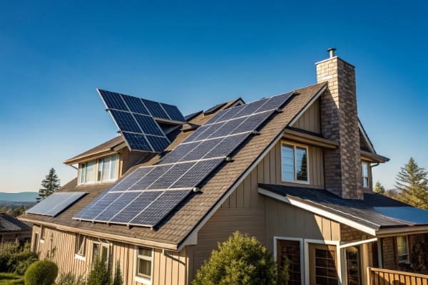 Solar panels on a residential roof with a clear blue sky