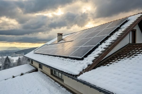 solar panels on a roof covered in light snow