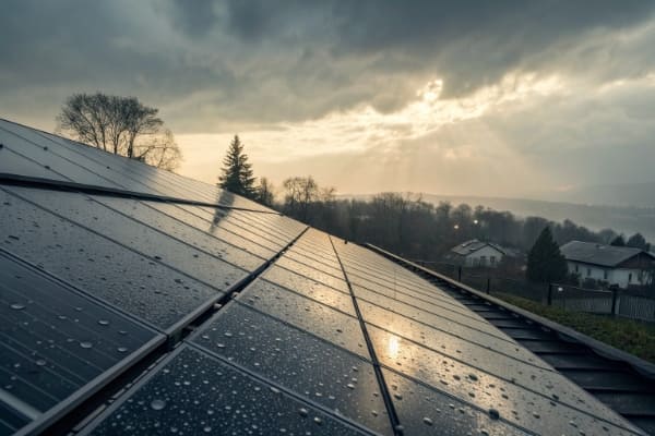 Solar panels on a roof during a cloudy, rainy day with low light