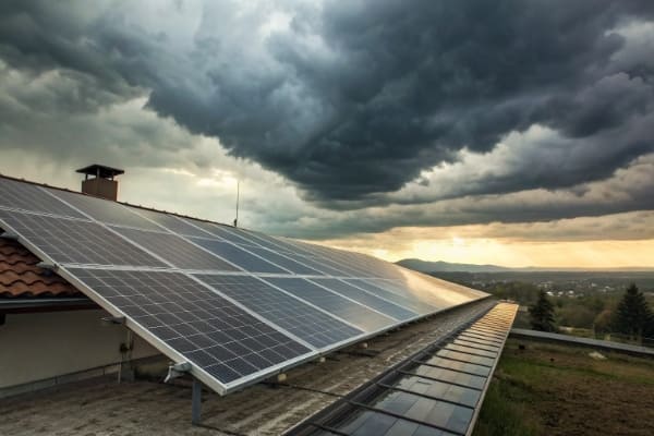 Solar panels operating under an overcast, cloudy sky