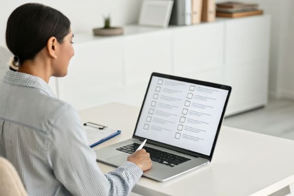 Someone reviewing a freight forwarder's credentials online