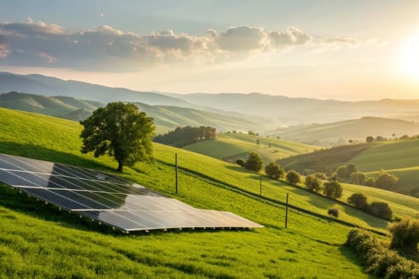 The sun shining over a green landscape with solar panels