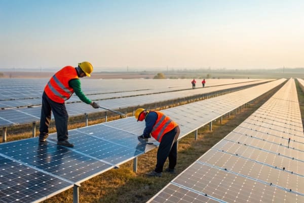 Workers installing solar panels in a field
