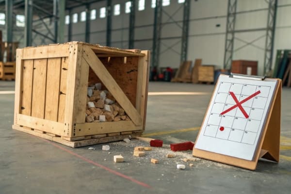 A broken crate and a calendar with a red X, symbolizing shipping risks like damage and delays