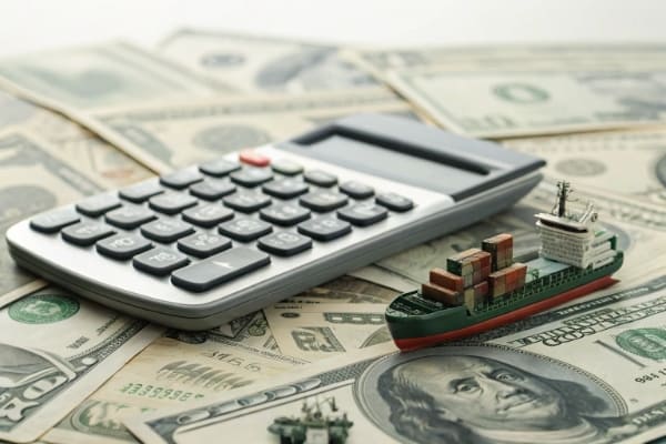 A calculator and a miniature container ship on a pile of money