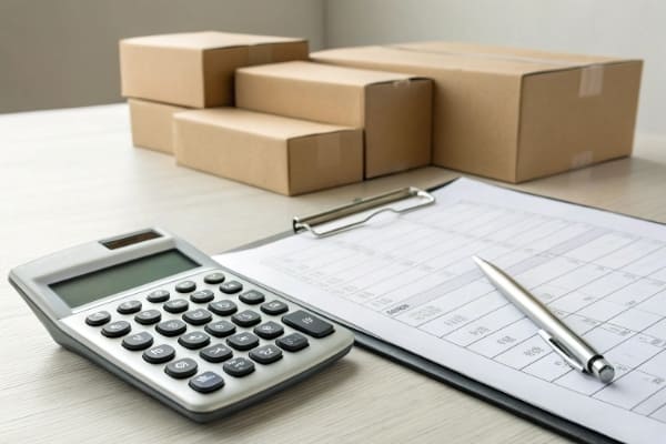 A calculator and shipping documents showing shipping costs