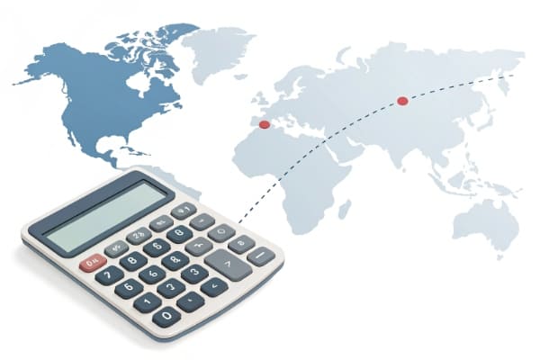 A calculator showing shipping costs on a map of China and Qatar