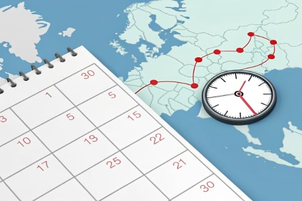A calendar and a clock overlaid on a map from China to the UK