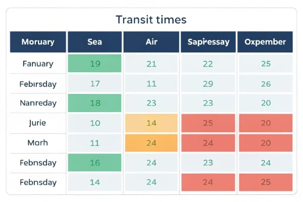 A calendar showing transit times for sea, air, and express shipping