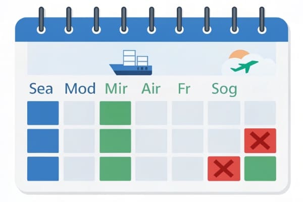 A calendar with different timeframes highlighted for sea, air, and express shipping