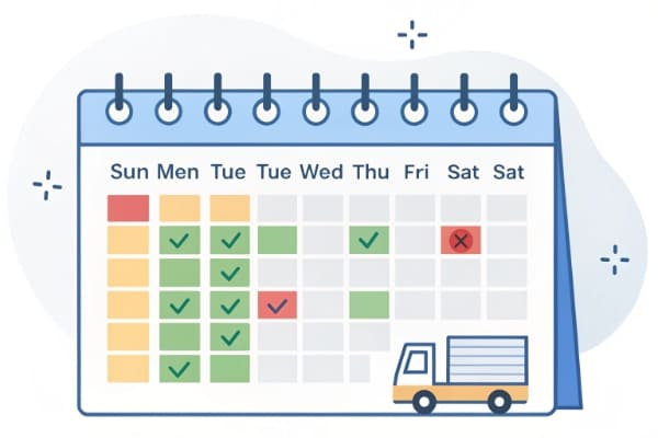 A calendar with highlighted shipping transit times for different methods