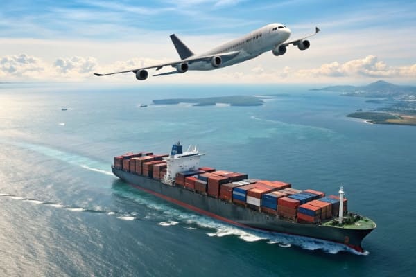 A cargo plane and a container ship moving from China to the UAE