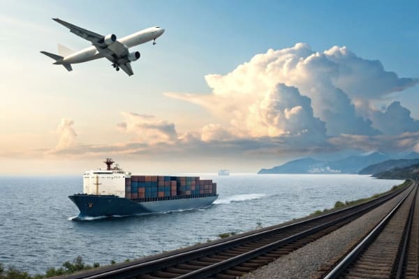 A cargo ship, airplane, and train showing different shipping methods from China to the UK