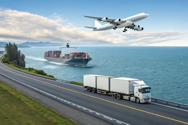 A cargo ship, an airplane, and a delivery truck representing different shipping methods from China to New Zealand