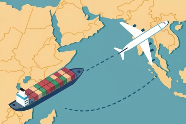 A cargo ship and airplane with boxes moving from a map of China to a map of the UAE