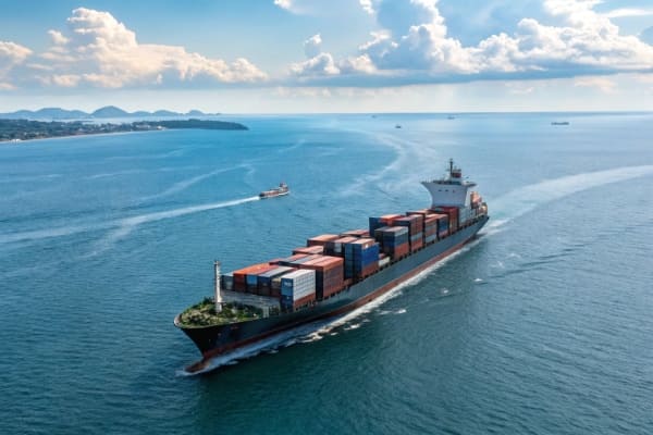 A cargo ship with containers sailing from China to the UK