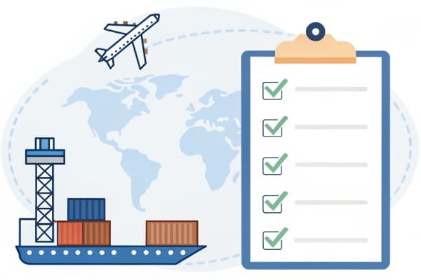 A checklist showing the steps of the international shipping process