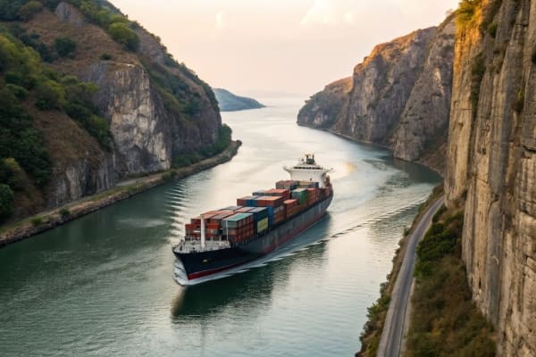 A container ship navigating through a narrow strait