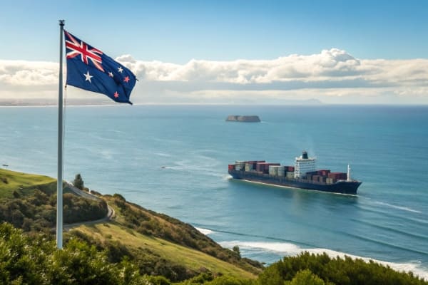 A container ship on the ocean with the New Zealand flag in the background