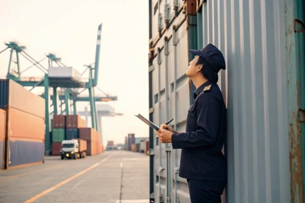 A customs officer inspecting a shipping container with a clipboard