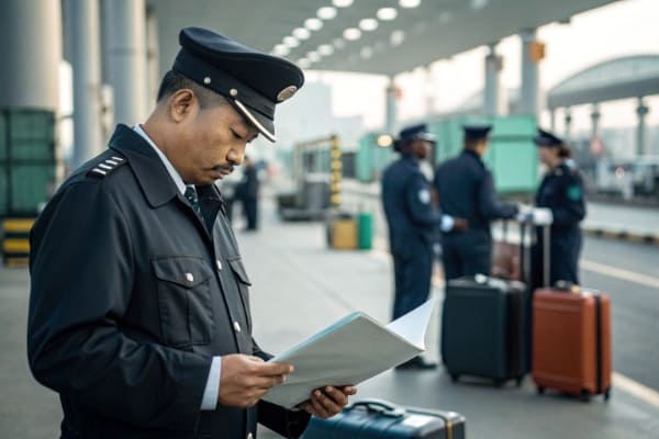 A customs officer reviewing paperwork