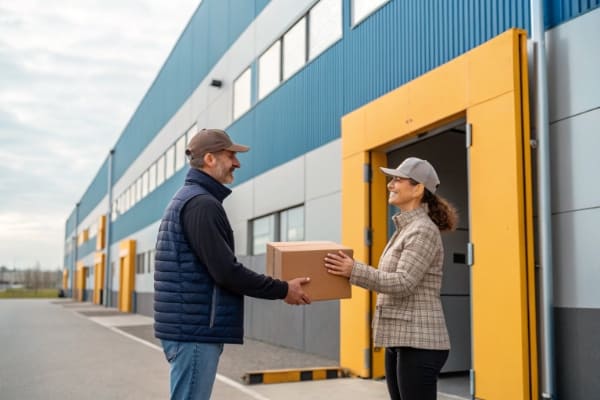A delivery person handing a box to a customer at their door, with an Amazon FBA warehouse in the background
