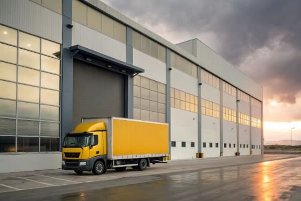 A delivery truck in front of a warehouse door in Qatar