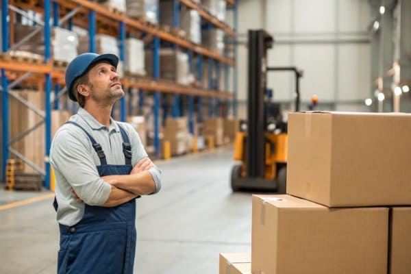 A factory worker next to boxes ready for shipping, with a question mark over the shipping process