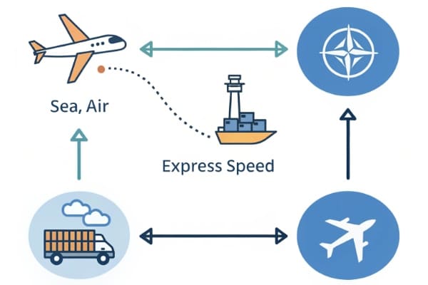 A flowchart helping to decide between sea, air, and express shipping based on cost, speed, and size