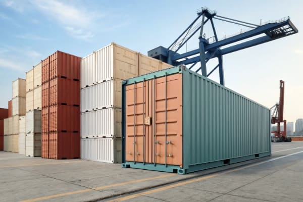 A full shipping container (FCL) next to a shared container with boxes from different companies (LCL)