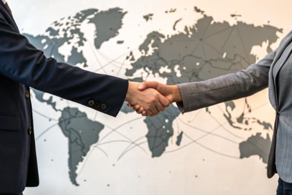 A handshake sealing a deal with a reliable freight forwarder in front of a world map
