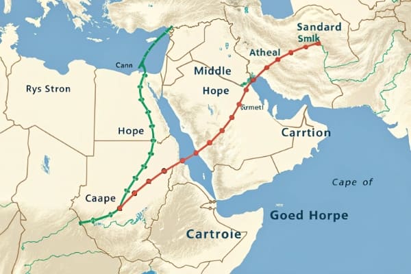A map showing the standard Suez Canal route versus the Cape of Good Hope and Middle Corridor routes.