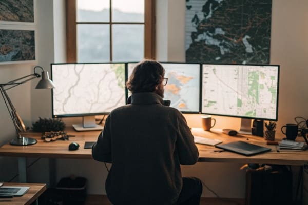 A person at a desk looking at multiple screens with maps and charts