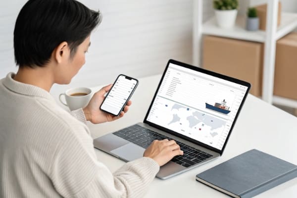 A person checking shipping updates on a laptop and phone