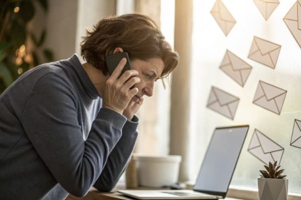 A person looking stressed while on the phone, with unanswered emails in the background