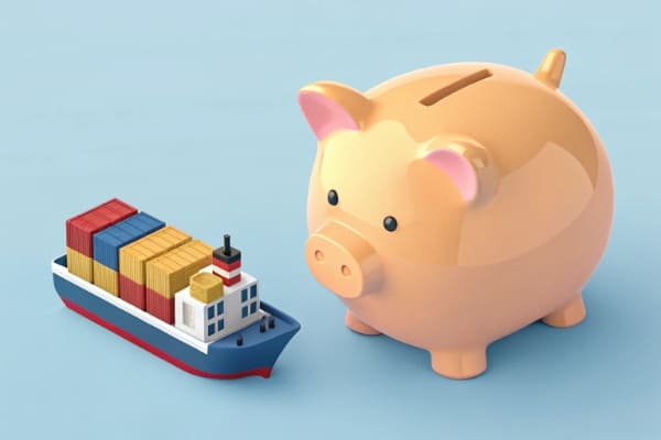 A piggy bank with a cargo ship, illustrating savings on shipping