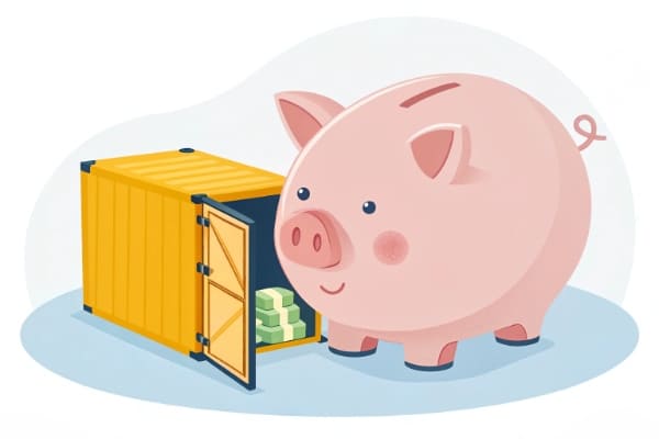 A piggy bank with a shipping container going into it