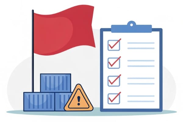 A red flag icon next to a list of warning signs for bad freight forwarders