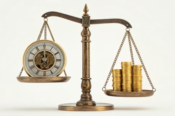 A scale balancing a clock and a stack of coins