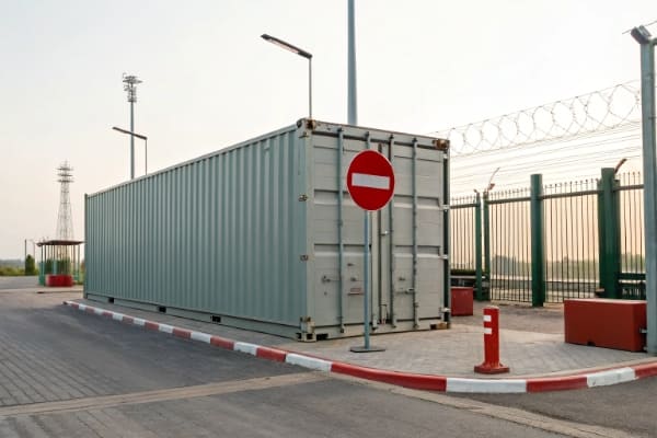 A shipping container stuck at a customs checkpoint with a red stop sign